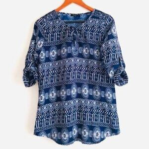 Antilia Femme Top S Geometric Printed Blue & White Nautical Tabbed Sleeves